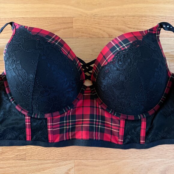 Torrid XO Plunge Push-Up Bra Noelle Plaid Jester Red Plus Size 42DD - Picture 2 of 16